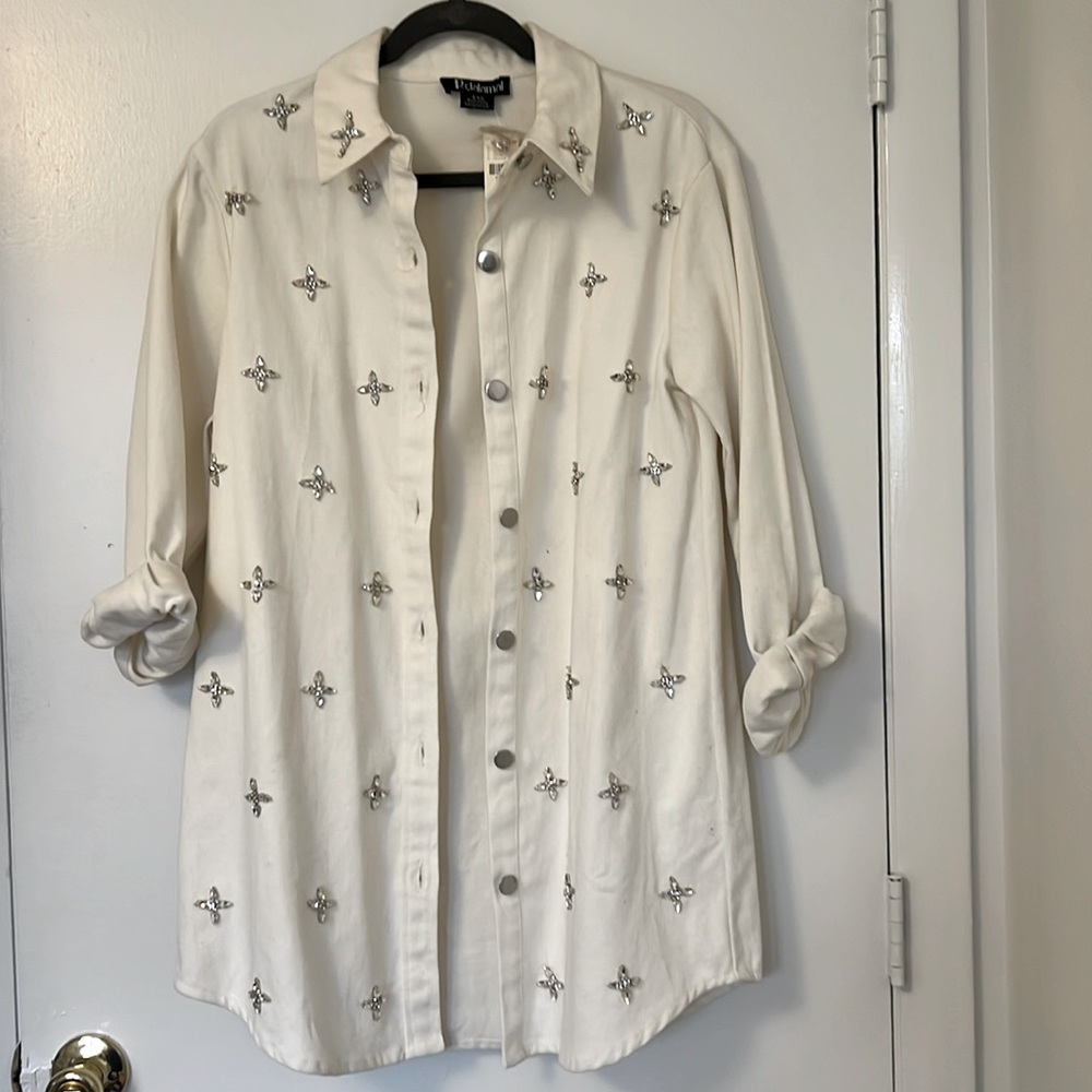 Anthropologie long whit Jean jeweled Jacket 
NWT